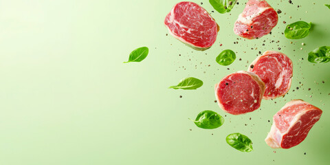 Wall Mural - Fresh cuts of raw beef steak and green spinach leaves are falling against a light green background, creating a dynamic and appetizing visual.