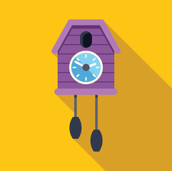 Poster - Purple cuckoo clock striking twelve on yellow background, in flat design with long shadow