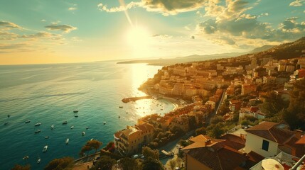 Lots of buildings, beautiful sky, sun, rainbow, sea.