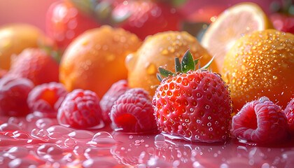 a group of fruits on a table

