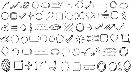 Vector set of drawing line frames, pointers, scribble arrow, circle, oval and square shaped frame, navigation symbols