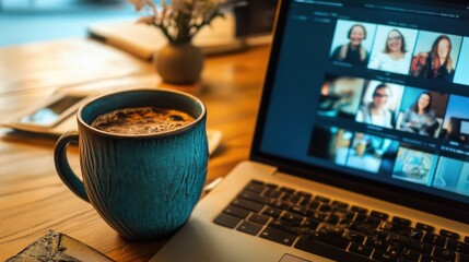 A laptop computer is open to a screen with a group of people in the background