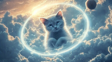 cat, clouds, sky, fluffy, feline, blue, white, dreamy, floating, serene, peaceful, whiskers, paws, tail, soft, gentle, high, above, horizon, sunlight, breeze, calm, tranquil, ethereal, majestic, soari