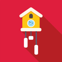 Poster - Yellow cuckoo clock with weights and pendulum hanging down, telling the time on a red background