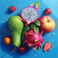 Wall Mural - Draw photorealistic fruits, exactly as they should be. Such fruits: like dragon fruit, red apples, green pears. background color is blue, fresh juicy fruits, droplets of water on them generative ai