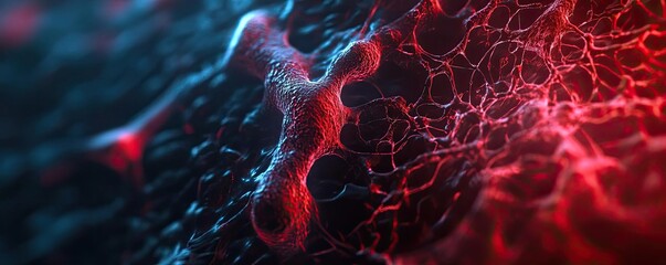 Poster - Abstract representation of biological cells with vibrant red and blue colors, illustrating intricate network structures.