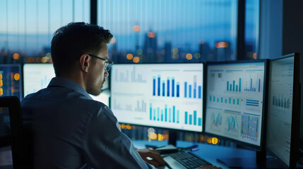Back view of an individual overseeing an array of surveillance screens, reflecting the sophisticated technology used in modern security operations.