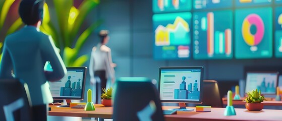 Poster - A modern office setting with digital screens displaying data analytics and charts, showcasing teamwork and productivity.