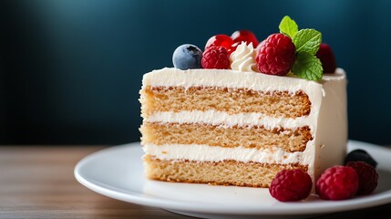 Wall Mural - Slice of Cake with Whipped Cream and Berries