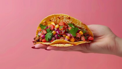 female arm. the hand is holding a mexican taco. pink studio background. realistic photo, A shutterstock image, 4k, 32K, 8K, upscale, 33 Megapixels, raw, generative ai