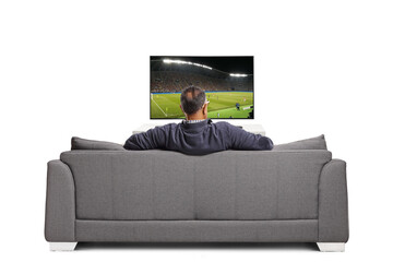 Poster - Rear view shot of a mature man in front of tv watching football and sitting on a sofa