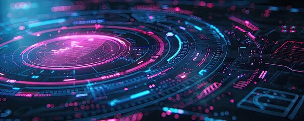 Poster - Futuristic digital background with vibrant neon colors, featuring intricate circular patterns and glowing technology elements.
