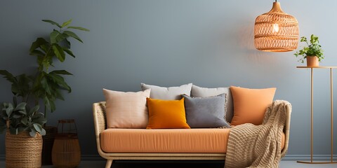 Wall Mural - Luxurious accent chair in wicker with an orange cushion, a large mirror on the wall above a side table with a white vase and a gold lamp, modern home decor, interior design photography.