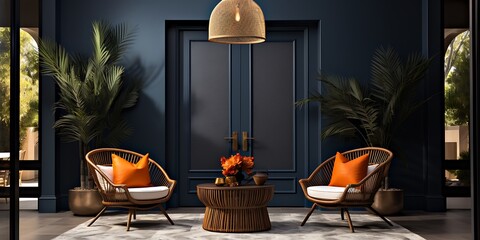 Luxurious accent chair in wicker with an orange cushion, a large mirror on the wall above a side table with a white vase and a gold lamp, modern home decor, interior design photography