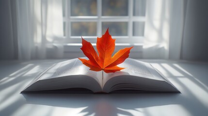 Wall Mural - Open Book with Red Leaf on White Windowsill