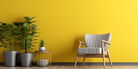 Canvas Print - Minimalist interior design of a modern living room with a yellow wall, wooden floor, and an armchair with a potted plant. Mockup for artwork or product presentation.