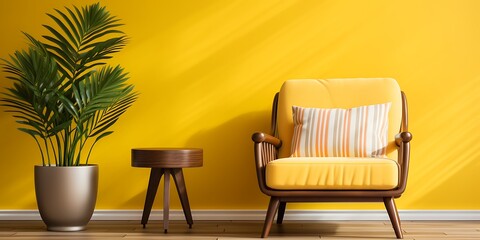 Canvas Print - Minimalist interior design of a modern living room with a yellow wall, wooden floor, and an armchair with a potted plant. Mockup for artwork or product presentation.