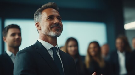 Group of people thanking speaker for interesting presentation in professional business conference or seminar. Team of happy male and female company workers applauding colleague in corporate meeting