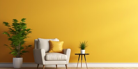 Sticker - Minimalist interior design of a modern living room with a yellow wall, wooden floor, and an armchair with a potted plant. Mockup for artwork or product presentation.Generative Ai content