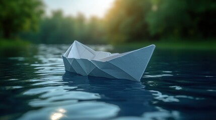 Canvas Print - Paper Boat Drifting on a Calm River