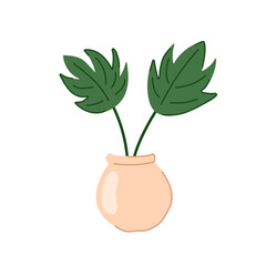 Monstera houseplant in pot for interior decoration in flat style. Vector illustration isolated on a white background