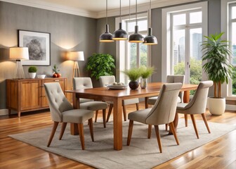 Sophisticated modern dining room furniture sets are showcased in a warm and inviting home setting, filled with rich