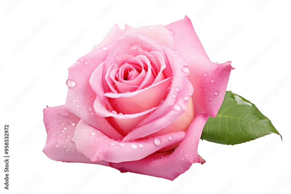 Delicate pink rose with dew drops on the petals, isolated on white ...