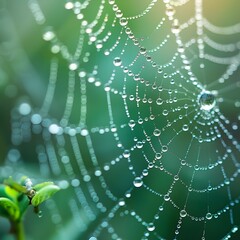 Wall Mural - Mesmerizing Water Droplets on Delicate Spider Web in Misty Morning Light