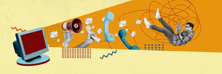 Poster - Trend artwork composite sketch image photo collage of computer monitor advert pull paper ball landline phone loudspeaker man work laptop