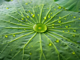 Detailed Droplet on Lotus Leaf with Symmetrical Texture and Natural Calmness