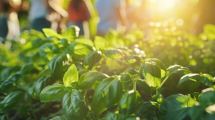 People growing basil in a beautiful garden