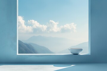 a minimalist blue space opens to breathtaking mountains and a vibrant sky, fostering a sense of peac