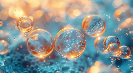 Poster - A stunning macro shot of floating bubbles in vibrant blue and golden hues, creating an abstract and mesmerizing visual. Ideal for backgrounds, creative designs, and beauty concepts.