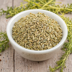 Fennel seeds in a glass bowl on natural background.