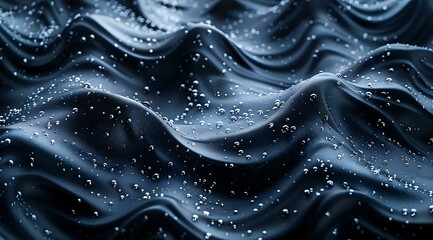 A visually stunning abstract image featuring dark, flowing textures with water droplets, resembling liquid silk or fabric. Ideal for backgrounds, design projects, and artistic visuals.