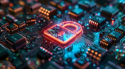 Poster - A glowing lock symbol on a circuit board representing cybersecurity and data protection in a high-tech environment. Ideal for themes of technology, privacy, and digital security.