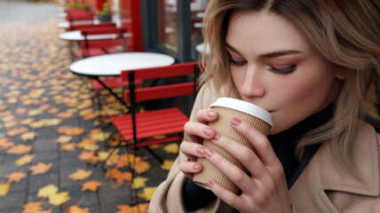 Woman in a beige trench coat holding a coffee cup outdoors during autumn. Concept of enjoying seasonal moments.