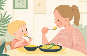 Cute cartoon mother feeding her child vegetables, vector illustration with a flat design style and simple shapes. In the background is an interior of a kitchen. The baby has blonde hair