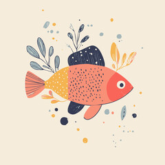 Colorful Fish Illustration with Leaves and Dots