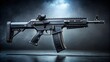 © Achiraya - A cutting-edge, sleek, and futuristic assault rifle with a matte black finish and ergonomic design, prominently