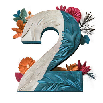 The letter number 2 two is made of leaves and flowers. It is blue and white. The leaves and flowers are arranged in a way that makes the letter look like it is blooming