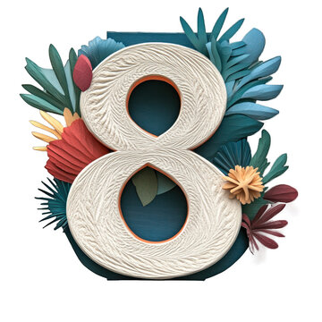 The letter number 8 eight is made of leaves and flowers. It is blue and white. The leaves and flowers are arranged in a way that makes the letter look like it is blooming