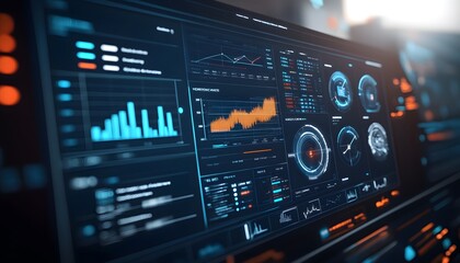Poster - Futuristic digital dashboard with data analytics and charts, perfect for illustrating advanced technology and data-driven solutions.