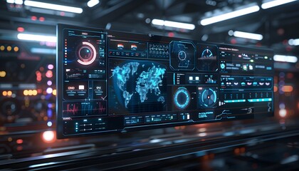 Poster - Futuristic digital interface displaying global data analytics in a high-tech environment with glowing lights and holographic elements.