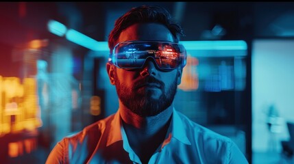 Sticker - A man wearing futuristic goggles in a neon-lit room