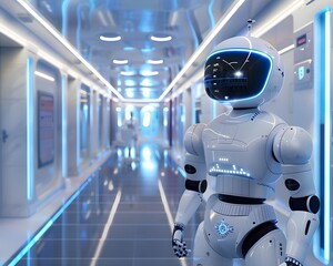 Poster - Futuristic robot standing in a high-tech corridor. Advanced technology, artificial intelligence, and innovative design in a modern setting.