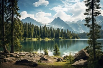 Wall Mural - Tree lake wilderness landscape.