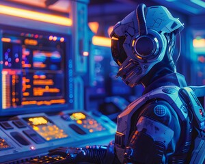 Poster - Futuristic scene with a person in advanced spacesuit working on a high-tech computer, surrounded by neon lighting and digital screens.