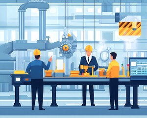 Poster - Engineers working in a high-tech industrial factory with advanced machinery, discussing automation processes and manufacturing.