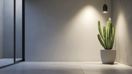 Wall Mural - Minimalist Interior with Peanut Cactus in Modern Planter under Overhead Lighting